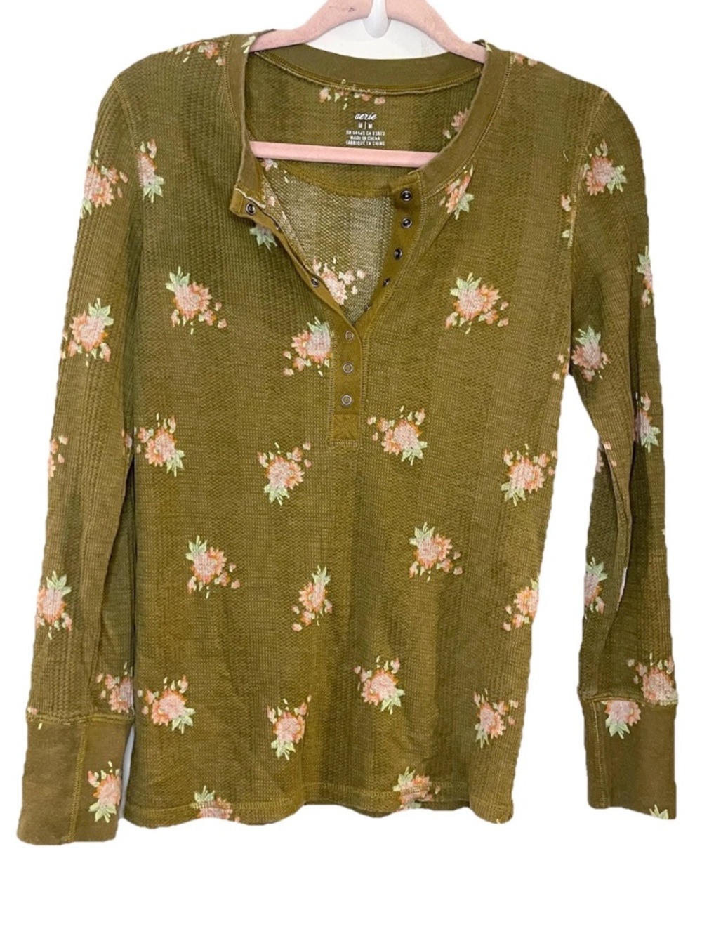 Y2K Aerie M Thermal Waffle Knit Henley Long Sleeve Top Olive Green Floral Print